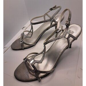 M‎ by Marinelli Rhinestone Silver Grey Ankle Strap Strappy Sandals Heels 8M